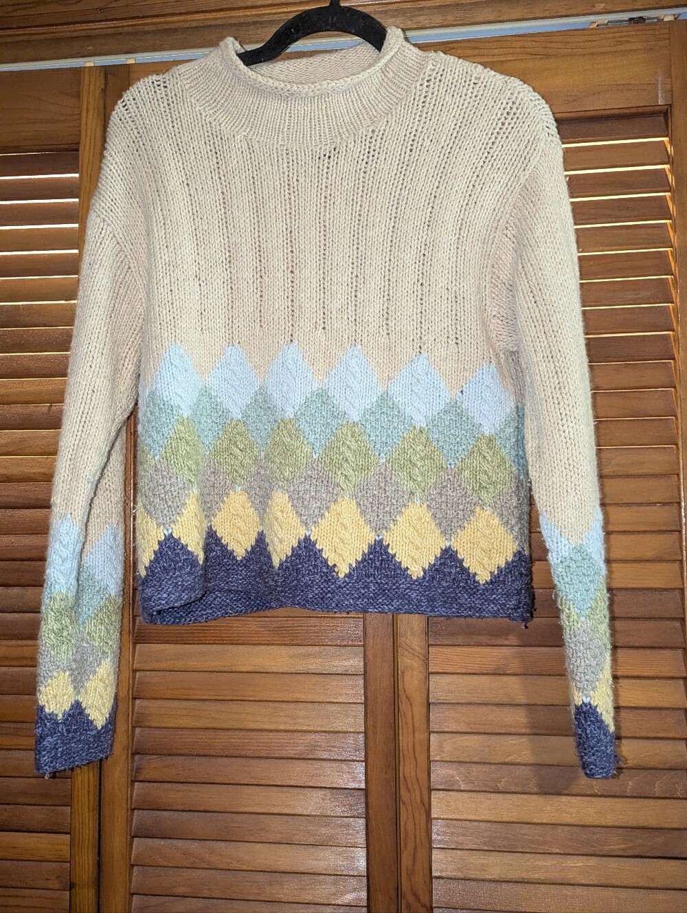 Vintage Cotton Blend Handknit Turtleneck Chevron Argyle Type Sweater